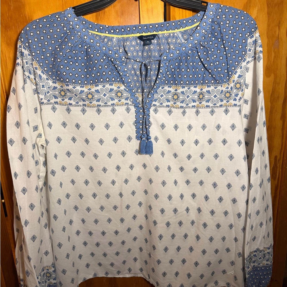 Nautica Blue and Cream Patterned Boho Blouse Size XL
